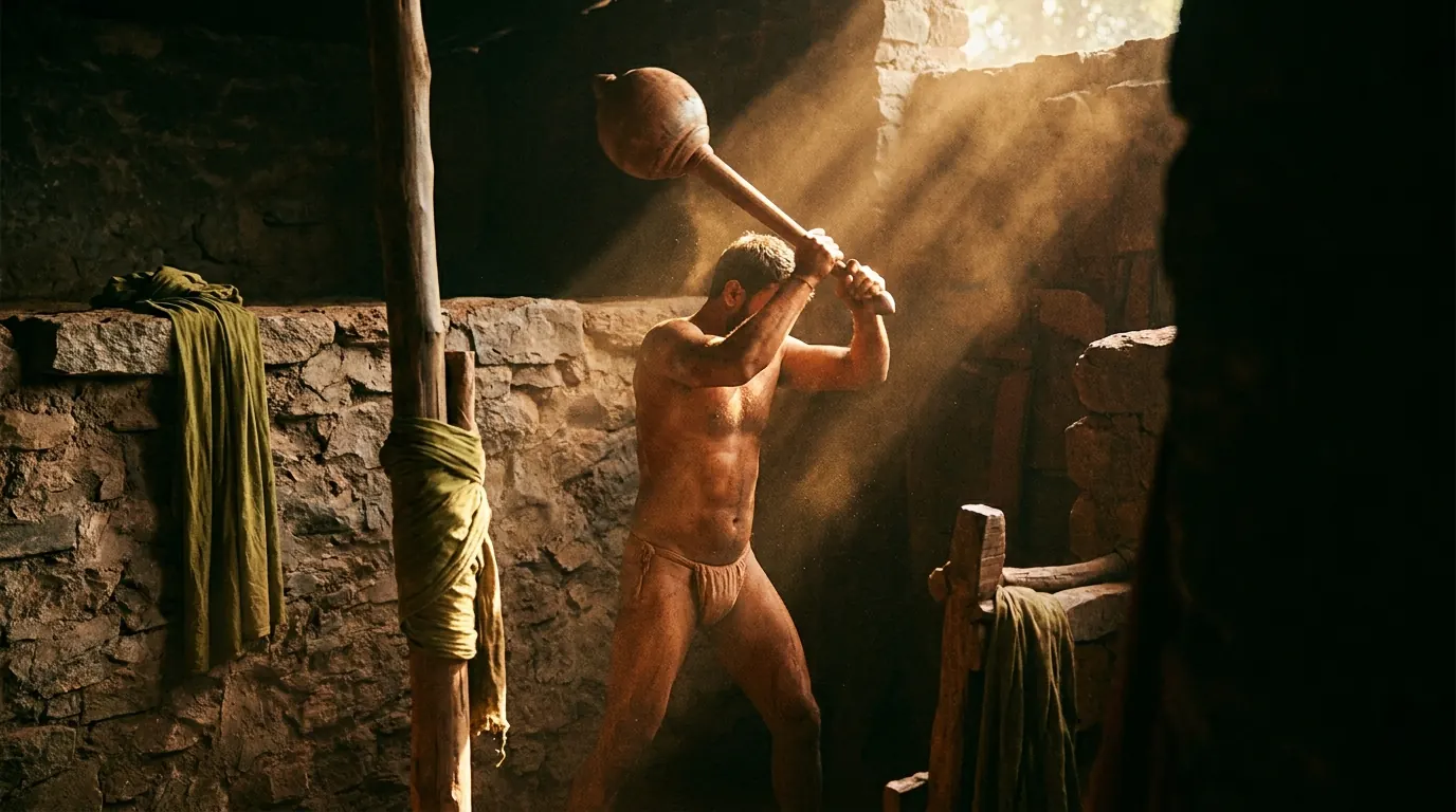 Staroveký indický zápasník Pehlwani trénuje s bambusovou gadou v hlinenej jame