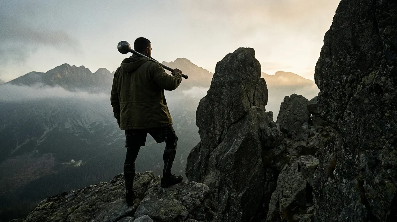 Muž s macebellom na ramene stojí v prírode s výhľadom na hory
