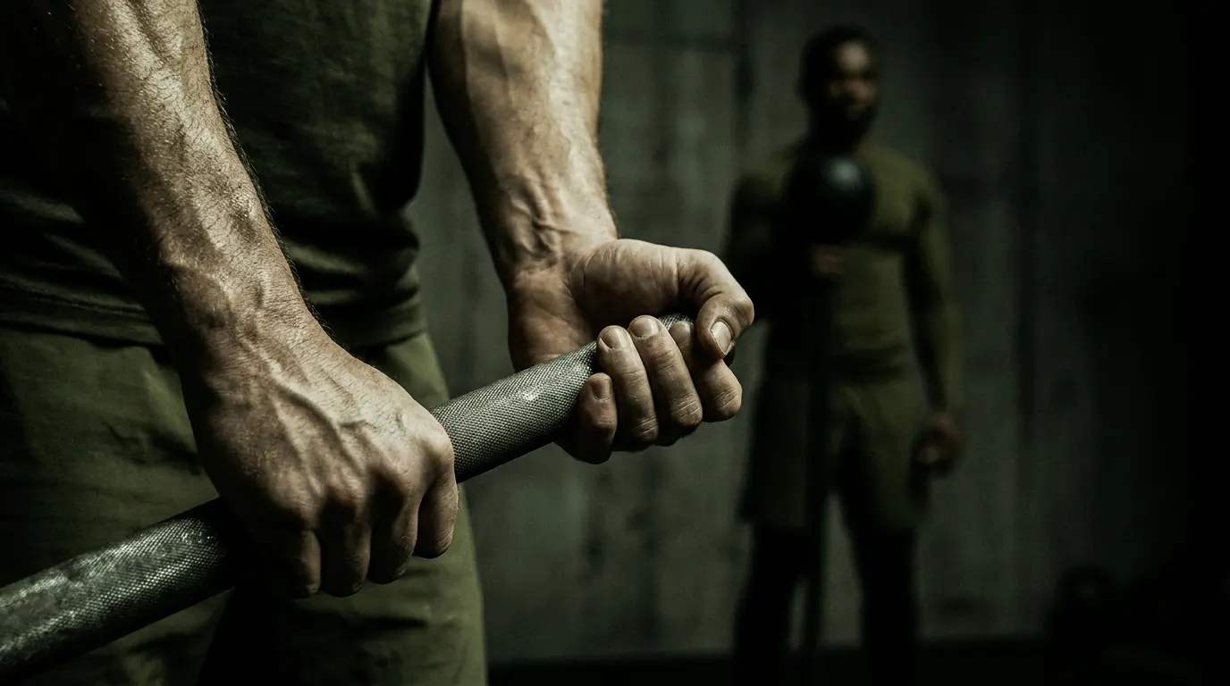 Detailný záber na pevný úchop macebellu oboma rukami, v pozadí rozmazaná postava