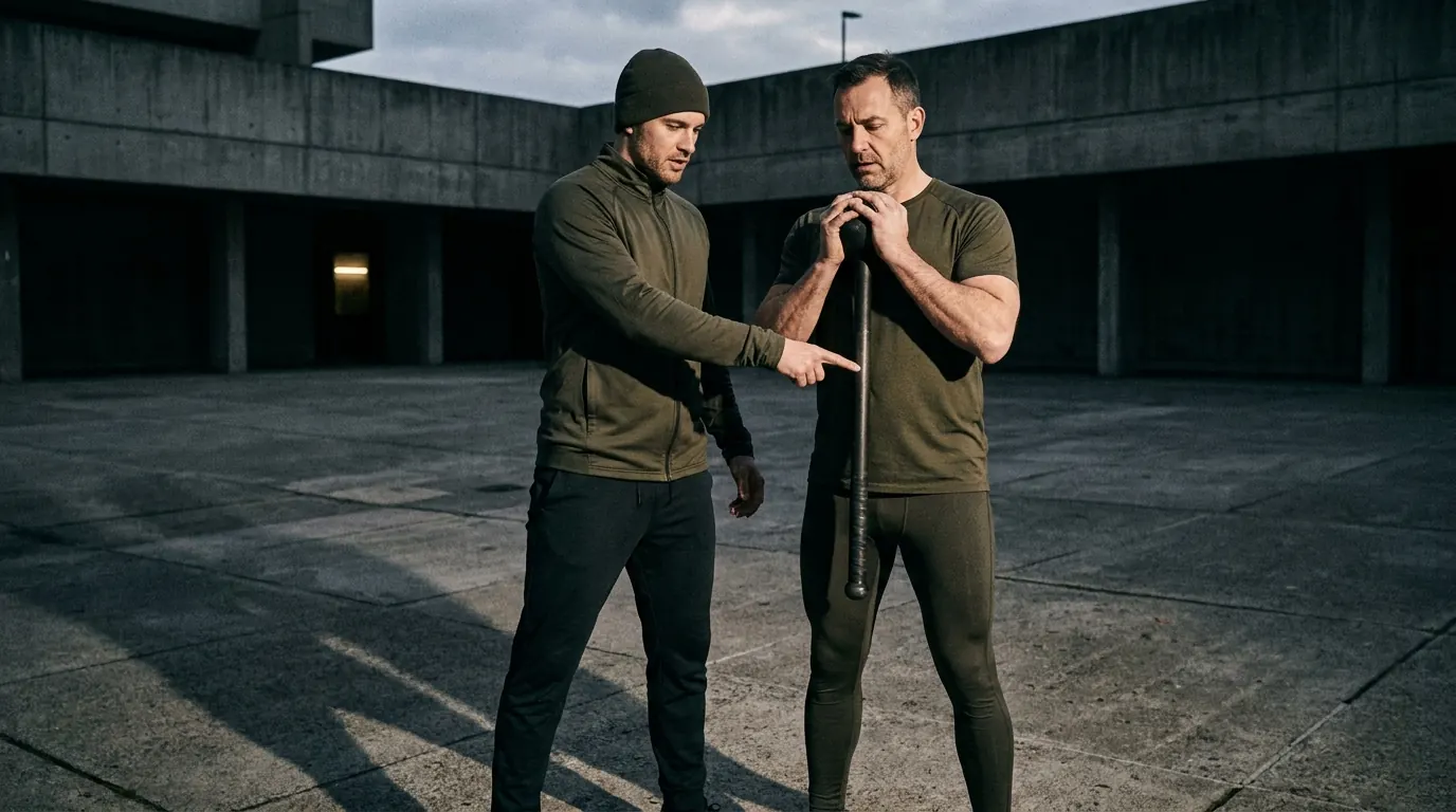 Tréner ukazuje klientovi správne držanie tela s macebellom, dôraz na rovný chrbát